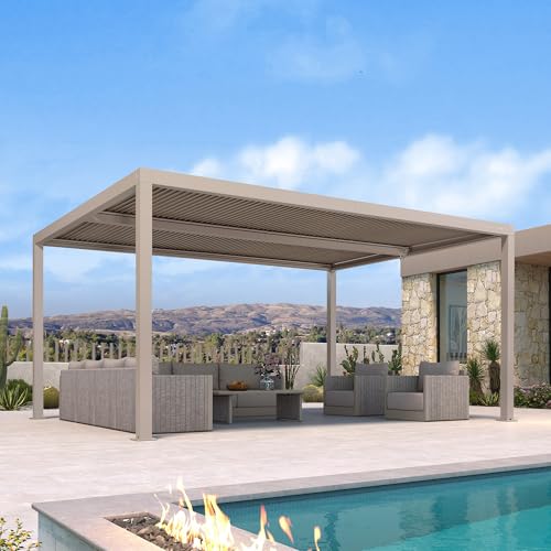 PURPLE LEAF Pergola Bioclimática 4,8 x 3,68 m Pérgola Jardín Exterior Cuchillas Orientables Aluminio Cenador de Jardín Exterior sin Mantenimiento con Sistema de Drenaje para Balcón, Champán