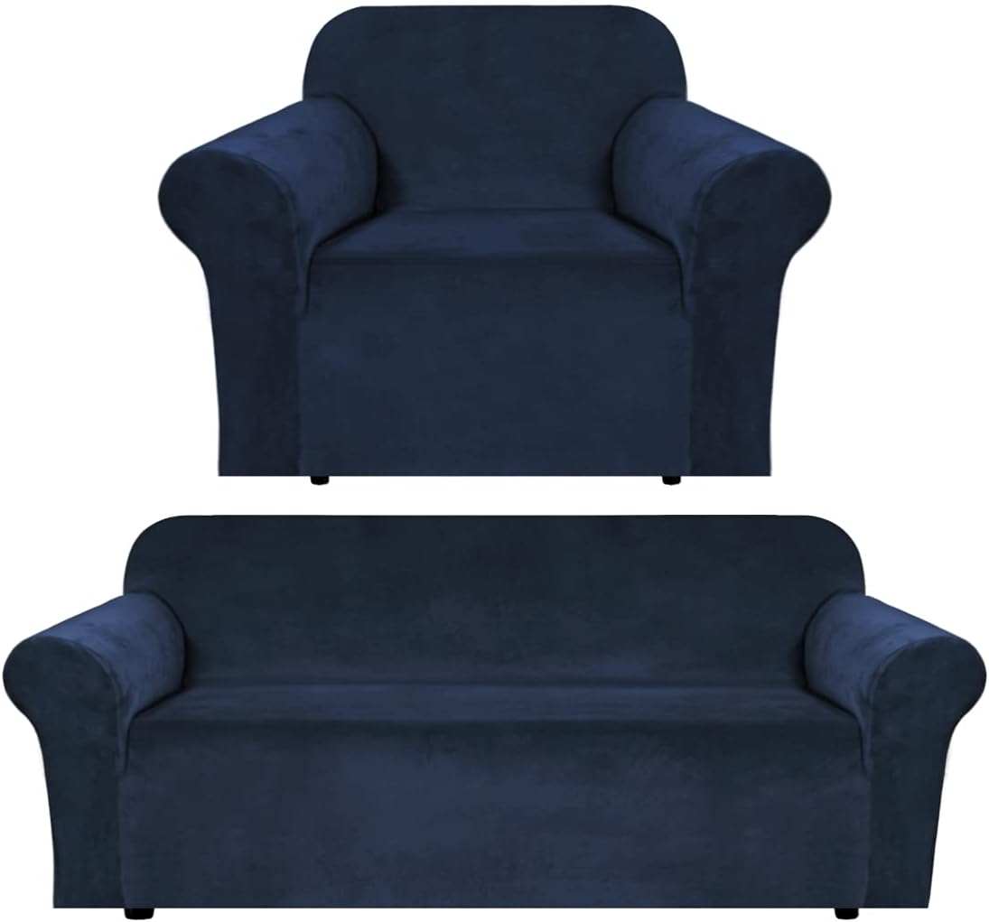 H.VERSAILTEX Velvet Stretch Sofa Cover Couch Covers Sofa Covers for 3 Cushion Couch (72"-96", Navy) Bundle Stretch Velvet Sofa Cover 1 Seater Armchair Covers (Chair 32"-48", Navy
