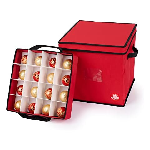 Christmas Village 64 Bauble Storage Bag With Adjustable dividers with Removable Lid - 600D Fabric Premium Bag for Xmas Tree Decorations - Organisers, Festive Ball Holder and Carry Handles (Red) Cover