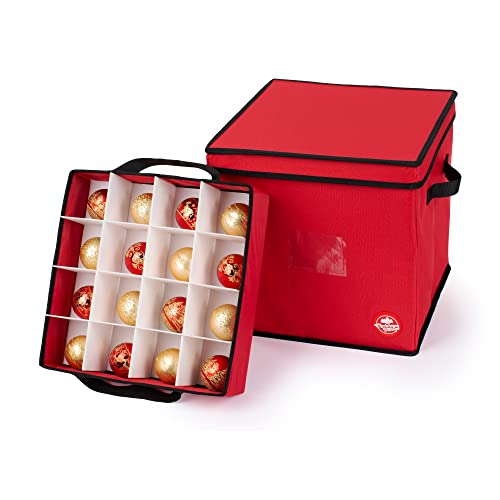 Christmas Village 64 Bauble Storage Bag with Adjustable Dividers, Removable Lid – 600D Fabric Premium Bag for Xmas Tree Decors Organisers, Festive Ball Holder & Carry Handles (Red, w/Pull Out Trays)
