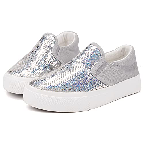 Toandon Toddler Girls Canvas Loafer Shoes Slip On Sneakers Baby Kids Sequins Glimmer Glitter Sparkle Low Top Non Slip Rubber Sole Lightweight Breathable Walking Outdoor Fashion Casual Grey Size 12 #TOP8