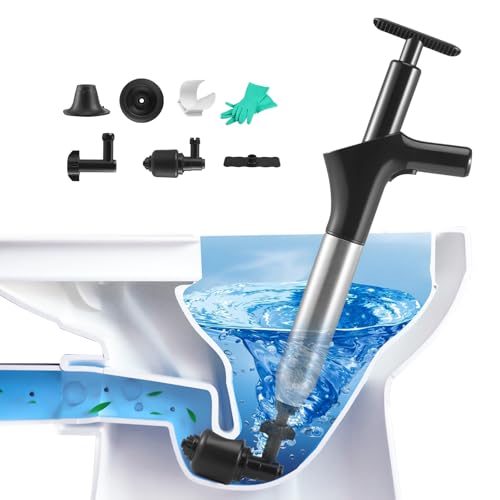 Deboucheur WC, Deboucheur Canalisation Haute Pression Débouche Toilette Air Comprimé avec 4 Différentes Ventouses Piston de Toilette pour Déboucher les Toilettes Baignoire Drain de sol Lavabo (Noir)