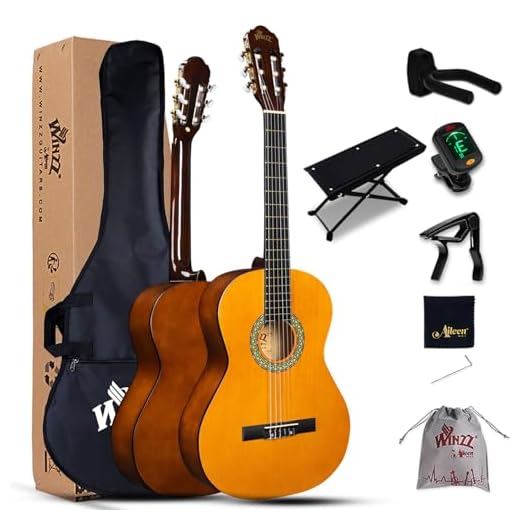 Winzz Guitarra Clásica 4/4 Starter Kit 39" para Principiantes con Reposapiés, Soporte con Ganchos de Pared, Diapasón, Afinador, Funda, Paño de Pulir - 6 Cuerdas de Nylon, Amarillo Brillante