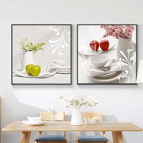 Tableau d'art mural pour masquer un mur vide de grand salon avec deux toiles de fruits 80x80