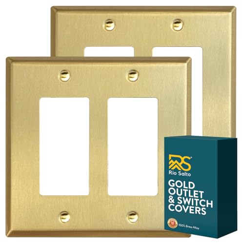 Rio Salto BRASS Decorative Brushed Brass Gold 2 Light Switch Cover Double Rocker Switch Plate 2 Pack Premium Wall Plate Covers Decorator GFCI — Signature Collection, Midsize 5.00" x 4.94"