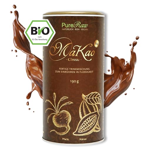 MaKao Classic Kakao Maca Lucuma Carob (Bio Roh Vegan) Trinkschokolade ohne Zucker Kaffeeersatz Heiße Schokolade Schokomilch Superfood Getränkepulver - Hot Chocolate Cacao Drink Powder - PureRaw 190g