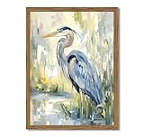 Framed Blue Heron Wall Art, Watercolor Sea Bird Pictures Wall Decor, Coastal Nature Wildlife Animal Paintings Canvas Prints for Living Room Bedroom Bathroom Office Home Decor 12x16 inch