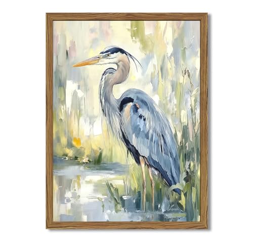 Framed Blue Heron Wall Art, Watercolor Sea Bird Pictures Wall Decor, Coastal Nature Wildlife Animal Paintings Canvas Prints for Living Room Bedroom Bathroom Office Home Decor 12x16 inch