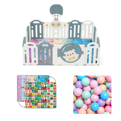 Image of Kids Station Baby Play Yard with Playmat, 20 Balls & Basketball Hoop, Bear Theme 150 x 180, Secure Playpen for Infants & Toddlers, Mesh Sides, Home Safety (Blue)
