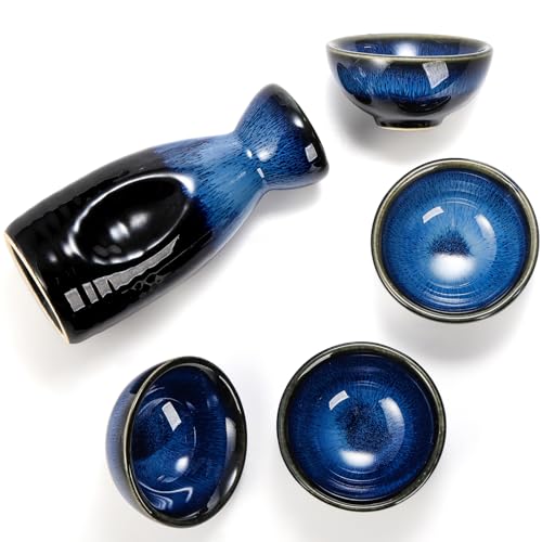 Image of Goaste 5 Pieces Ceramic Sake Set, Kiln-Change Japanese Style Sake Cups, Traditional Pottery Sake Tumbler Set with 1 Carafe and 4 Cups in Dark Blue for Hot or Iced Sake, Dishwasher Safe