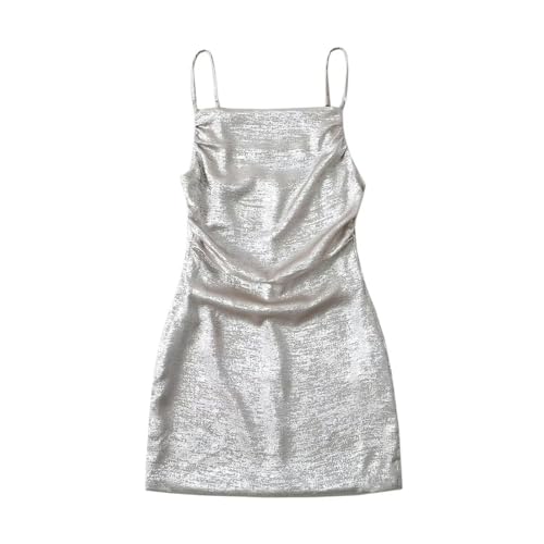 Vestido de PU con Tirantes y Cintura Superior de Tubo con Cuello de una línea, Falda Corta para Mujer, Verano-Plata-M
