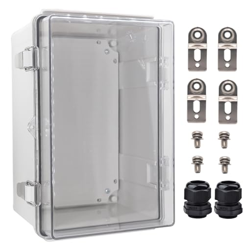 Image of Waterproof Electrical Box with Mounting Plate 300x200x170mm, IP67 Junction Box Stainless Steel Latch Hinged Clear Cover Project Enclosure with Wall Bracket and 2 Glands 11.8 inchx7.9 inchx6.7 inch