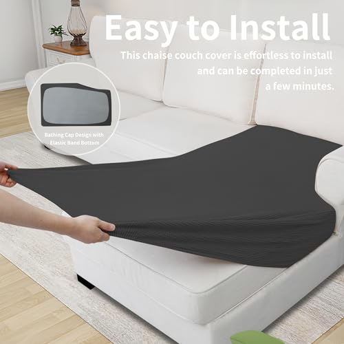 Image of Easy-Going Stretch 1 Piece Chaise Lounge Cushion Slipcover | Sectional Couch Covers L Shape Separate Cushion Couch Seat Chaise Cover for Both Left /Right Sectional Couch Dark Gray