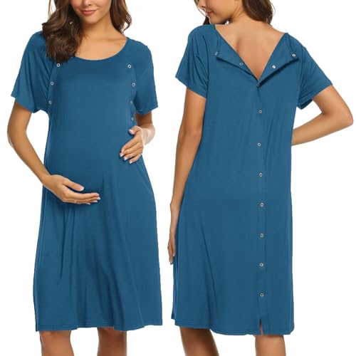 Ekouaer - Camisón de manga corta para mujer con botones S-XXL - Azul - XXL