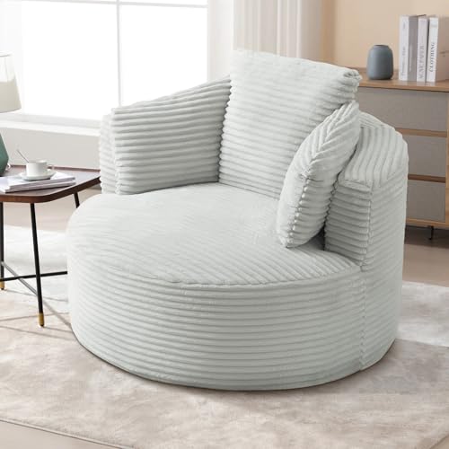 Image of 48.8-inch Round Chair, Modern Accent Corduroy Comfy Deep Seat Boneless Foam Floor Single Circle Chaise Sofa Chair with 3 Pillows for Living Room Bedroom Office, No Assembly Required, Light Grey