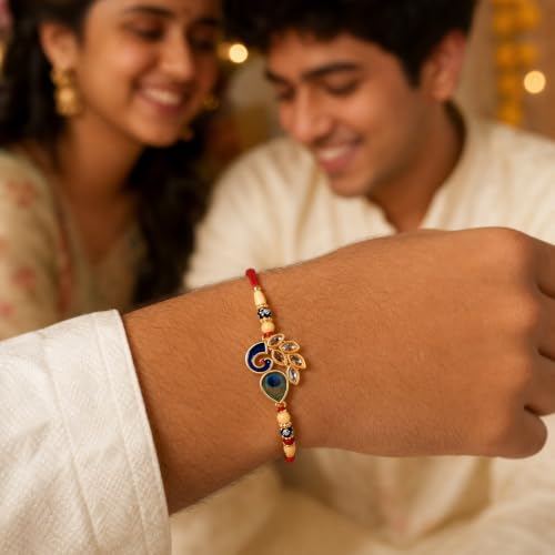 Image of Oblivion Rakhi Set for Brother - Designer Peacock Rakhi for Brother with Ganesh Ji Pooja Thali, Pooja Coin, Roli Chawal & Card | Gift Hamper for Raksha Bandhan