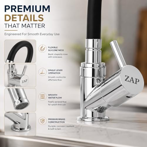 Image of ZAP Pluto Brass Kitchen Tap for Sink | Flexible Silicone Swan Neck Faucet with 360 Swivel Spout | Single Lever Cold Water Tap | Deck Mounted Kitchen Sink Mixer for Home & Utility Areas