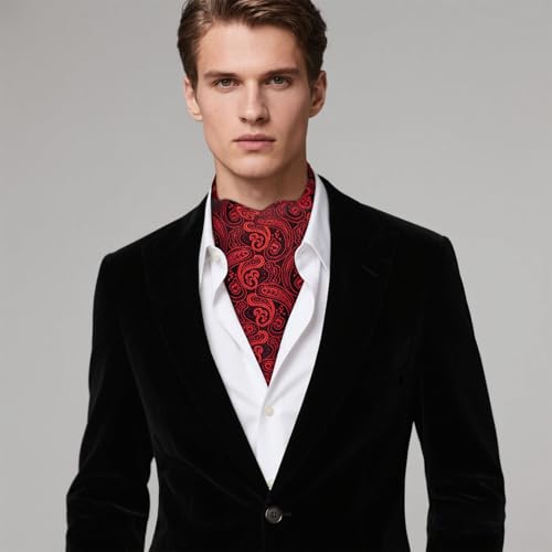 Image of Hi-Tie Silk Ascot for Men Self Tie Men's Cravat and Flower Lapel Pin Handkerchief Cufflinks Set for Wedding Party
