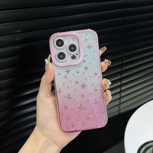 Coque iPhone 12 silicone paillettes étoiles rose avec protection d'objectif photo intégrée