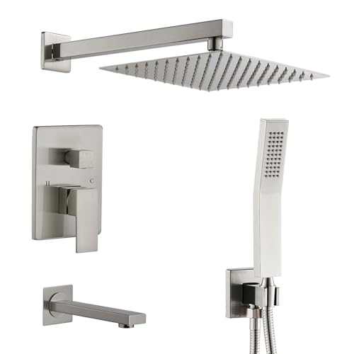 Image of KINKIBOS Concealed Shower System Wall Mounted, 3-Function Shower System with 12 Inch High Pressure Rainfall Shower Head, Handheld Shower and Bathtub Spout, Brass Shower Mixer Set, Brushed Nickel