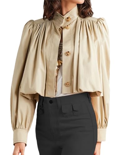 Womens Cropped Pleated Jacket Puff Long Sleeve Button Down Trench Coat Casual Outwear with Pockets