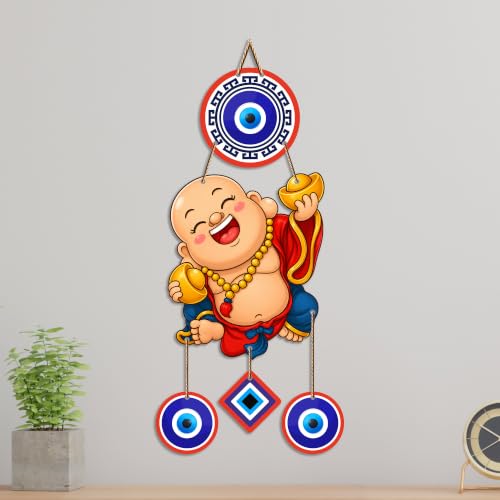 Image of Artvibes Happy Buddha with Gold Ingot Evil Eye Wall Hanging | Wealth Attraction Prosperity Decor | Lucky Nazar Battu Ornament for Home Entrance | Living Room | Office | Gift Item (WH 85144N)
