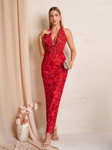 Image of KUTUMAI Women V Neck Long Formal Dress Floral Bodycon Maxi Split Back Dresses Sexy Sequin Evening Cocktail Party Gown