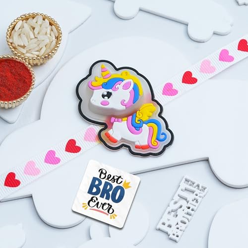 Image of eCraftIndia Unicorn Horse Design Rakhi for Kids Girls Boys with Best Bro Ever Fridge Magnet | Raksha Bandhan Kids Light Rakhi for Brother Bhaiya Bhai | Roli Chawal Pack