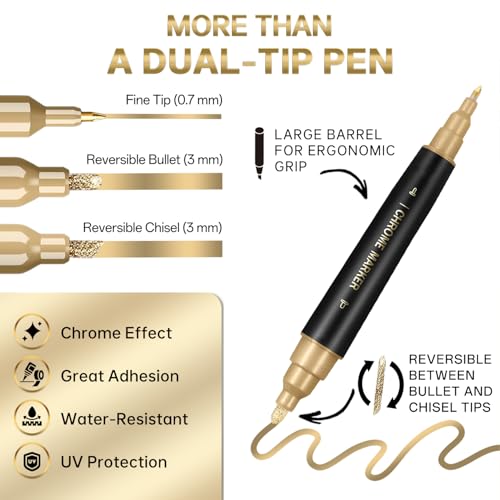 Image of 1PK Dual Tip Liquid Gold Chrome Paint Marker, Mirror Gold Pen | 1mm & 2-5mm Reversible Tips Permanent Metallic High Gloss Marker for Metal, Plastic, Fabric, Model, Touch-Up & Repair Kit