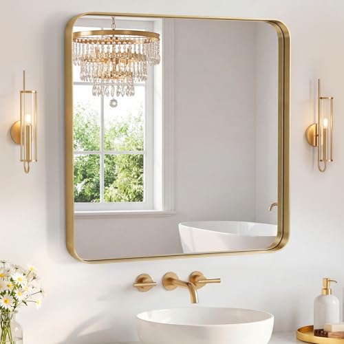 Image of Sweetcrispy Bathroom Mirror 30x30 Inch Metal Framed Rounded Rectangle Vanity Mirror for Wall, Over Sink, Farmhouse, Restroom, Anti-Rust, Modern Decorative, Horizontal or Vertical Hanging, Gold