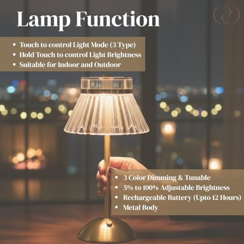 Image of ELARE Premium Rechargeable LED Table Lamp with Touch Control, Gold Finish Base Decorative Bedside & Gift Lamp