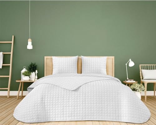 Sibiles - Colcha Bouti Reversible - Patrones Cosidos - Microfibra Peinada Oeko-Tex - Incluye Cojines Color Blanco Cuadros Talla Cama 90/105