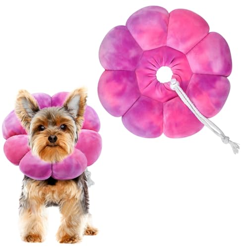 Image of Flower Cat Cone, Uadonile Adjustable Dog Cone Collar, Soft Dog Elizabethan Collar Recovery E Collar After Surgery, Recovery E-Collar for Kittens /Puppies and Cats Recovery(Tie-dye Rose Purple, L)