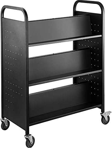 BestEquip Book Cart, 200LBS Library Cart, 49.2''x35.4''x18.9'' Rolling Book Cart, Double Sided W-Shaped Sloped Shelves with Lockable Wheels for Home Shelves Office School Book Truck Black