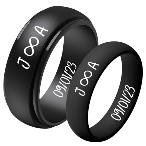2Pcs Personalized Silicone Couple Rings, Custom Breathable Rubber Wedding Bands Men Women, Custom Engraving Inside & Outside, Soft, Safe, Bands for Active Lifestyle, Matte Finish Gift for Him and Her