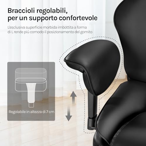 Sedia da Ufficio Regolabile in Altezza, con Poggiatesta, Cuscino Lombare, Poggiapiedi Retrattile, Braccioli Regolabili, Poltrona Ufficio con Funzione Dondolo, per Ufficio e Casa, in PU, Nero - Sedia gaming - Immagine 5