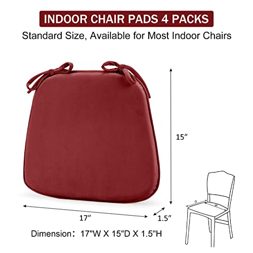 Downluxe Indoor Chair Cushions For Dining Chairs, Dutch Velvet Fabric Memory Foam Chair Pads With Ties For Kitchen, Dining Room And Bedroom, 17" X 15" X 1.5", Burgundy, 4 Pack #TOP5