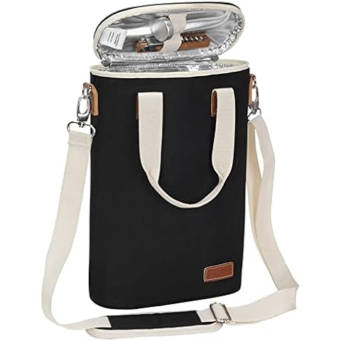 2 Bottle Wine Tote Carrier, Insulated Waxed Canvas Padded Wine Cooler Bag for Travel, Party, Beach, Weeding, Best Gift for Wine Lover, Portable Wine Tote Bag with Corkscrew Opener and Cork (Black) Cover