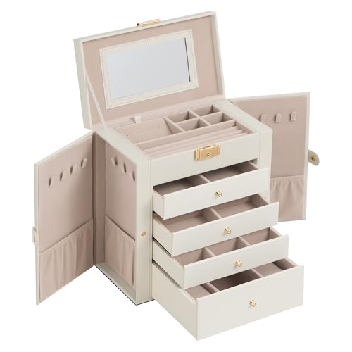 SONGMICS Scatola Portagioie a 5 livelli, Porta Gioielli con 4 Cassetti, Capiente, con Specchio Interno, Chiusura a Chiave, Cofanetto Portagioie, Idea Regalo, per Orologi, Bianco Crema JBC153WD03