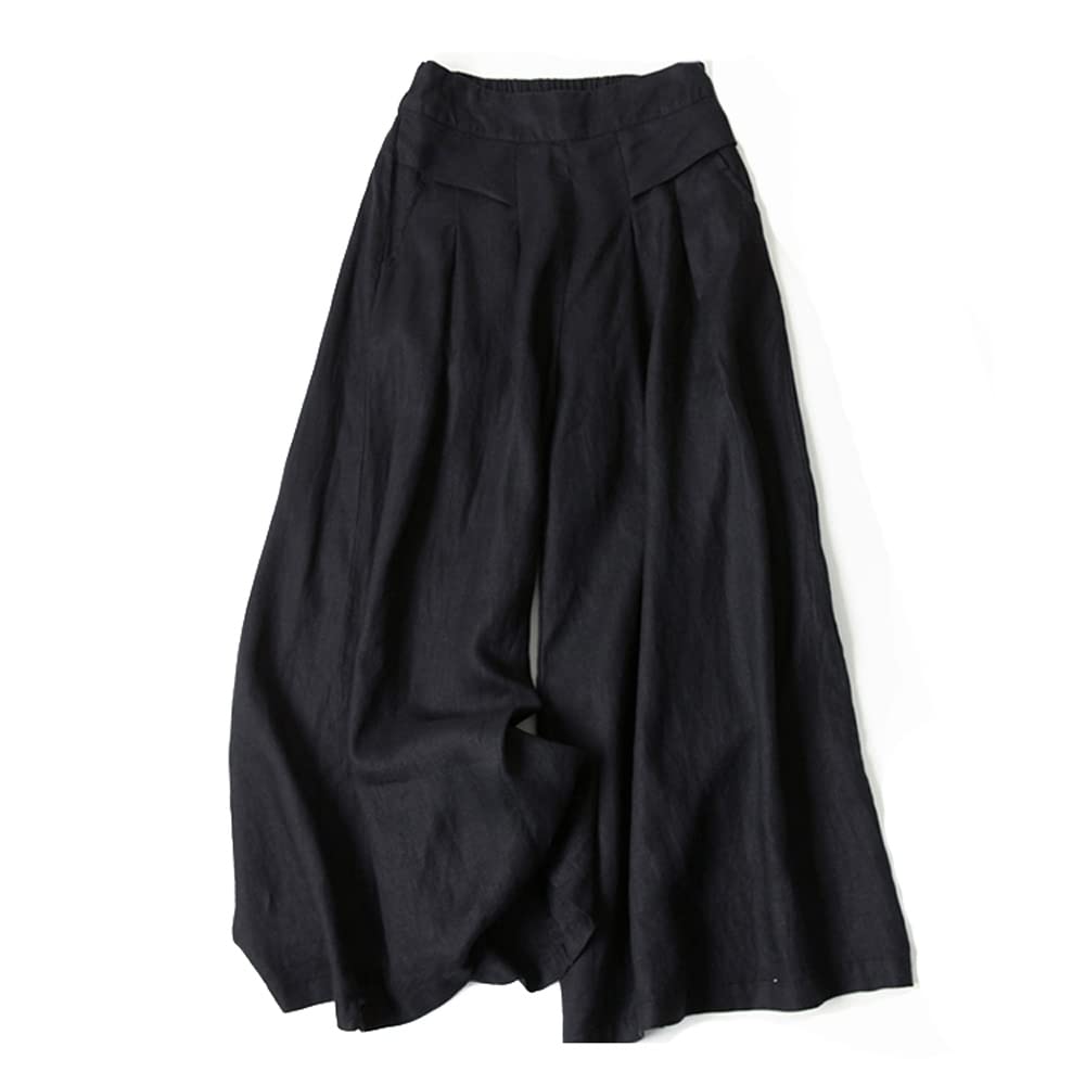 Plustrong Womens Culottes Linen Cropped Wide Leg Pants Elastic Waist Casual Palazzo Pants