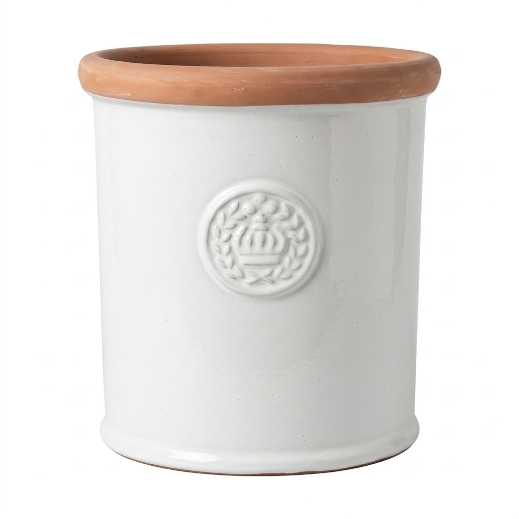 Teramico Vaso per piante con corona in gres porcellanato smaltato, 34 cm, 45 cm, assolutamente resistente al gelo e alle intemperie (grigio-bianco, 34 cm x 38 cm)
