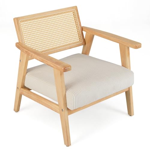 HOMASIS Lounge-Sessel aus Rattan, Holzsessel mit Cordkissen und...