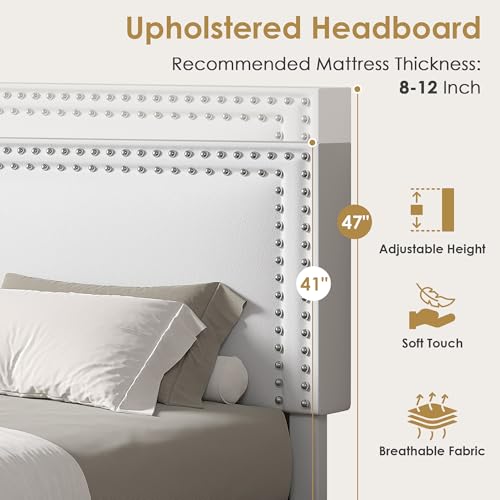 Image of VECELO Twin Size Platform Bed Frame with Height Adjustable Upholstered Headboard, Modern Mattress Foundation,Strong Wood Slat Support, No Box Spring Needed, Easy Assembly,White