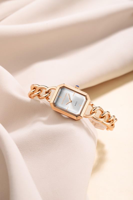 Image of Giordano Elegant Watch for Women with Gloss Sunray Dial, Quartz Movement, Rectangular Case, Stainless Steel Chain Strap and Blue Crown Accent