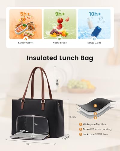 Image of LOVEVOOK Lunch Bag for Women, Leather Work Laptop Tote Bag with Insulated Lunch Compartment&Cup Holder, 17.3 Inch 2 in 1 Lunch Tote for Business, Teacher, Nurse, Office, College, Casual