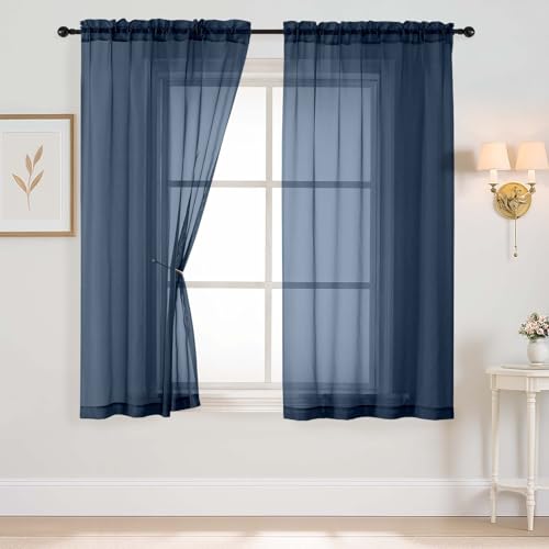 Ebesto Lot de 2 voilages bleu marine de 160 cm de long, voilages transparents pour salon, traitement de fenêtre moderne respirant, filtrant la lumière, tissu...