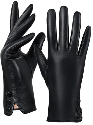 GSG SINCE 1998 Guantes de Mujer de Piel de Oveja Sin Cromo – Guantes de Invierno Táctiles con Forro de Lana para Conducir Negro Talla M