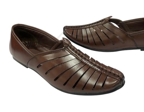 Punjabi Jutti for Mens Breathable Brown Fashion Loafers Sherwani Shoes Indian Flat Ethnic4