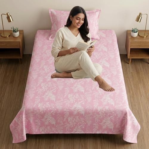 Image of Mafatlal 186 TC Metro Cotton Single Bedsheet | 90 x 60 Inch|Soft, Breathable & Lightweight | with Matching Pillow Cover| Honey Pink
