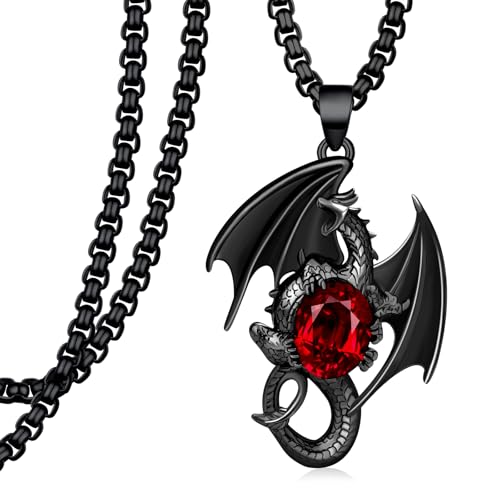 Dragon Necklace for Men - 925 Sterling Silver Black Dragon Pendant - Red Cz Gothic Jewelry Gifts